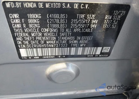 2022 Honda Hr-V Awd Ex from USA, damaged, VIN 3CZRU6H55NM737322